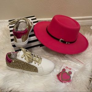 Trendy Hot Pink Faux Suede Hat with Black & Silver Buckle Accent
